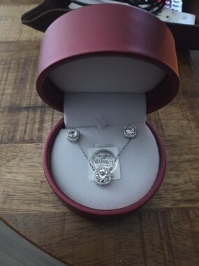 Silver-Tone Necklace and Stud Set with White Crystals
